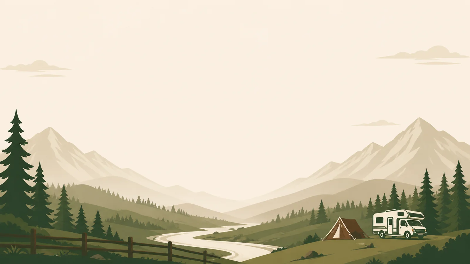 Ilustrație Camping Botușel cu munți, cort și rulotă